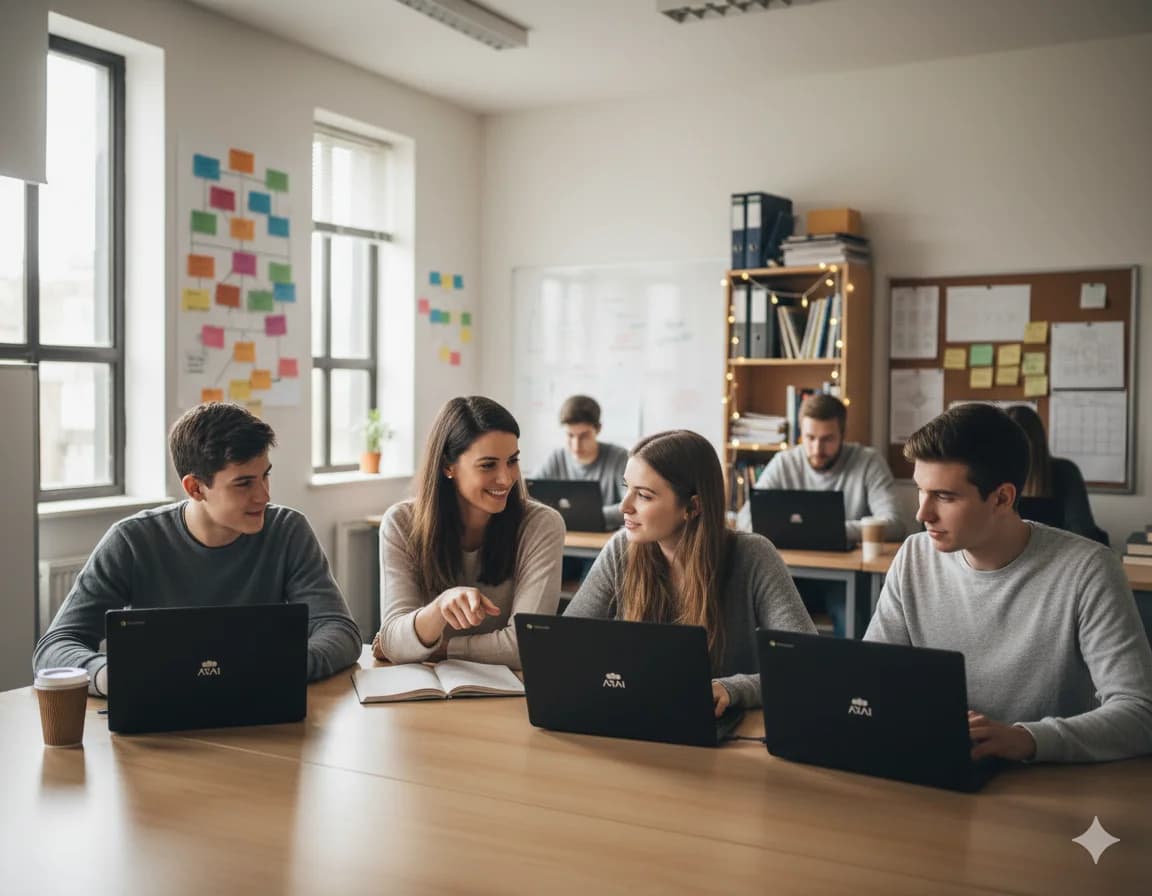 Estudiantes colaborando con Chromebooks Arai