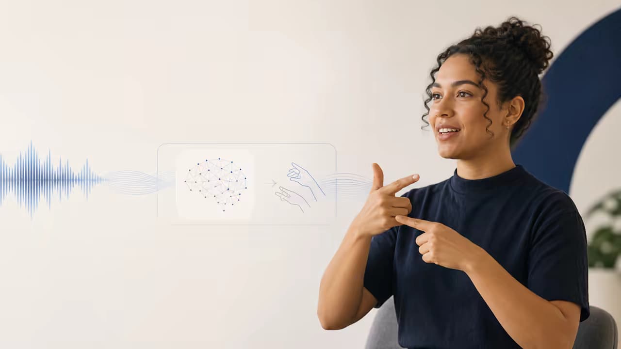 Persona comunicándose en lengua de señas junto a una visualización de audio e inteligencia artificial